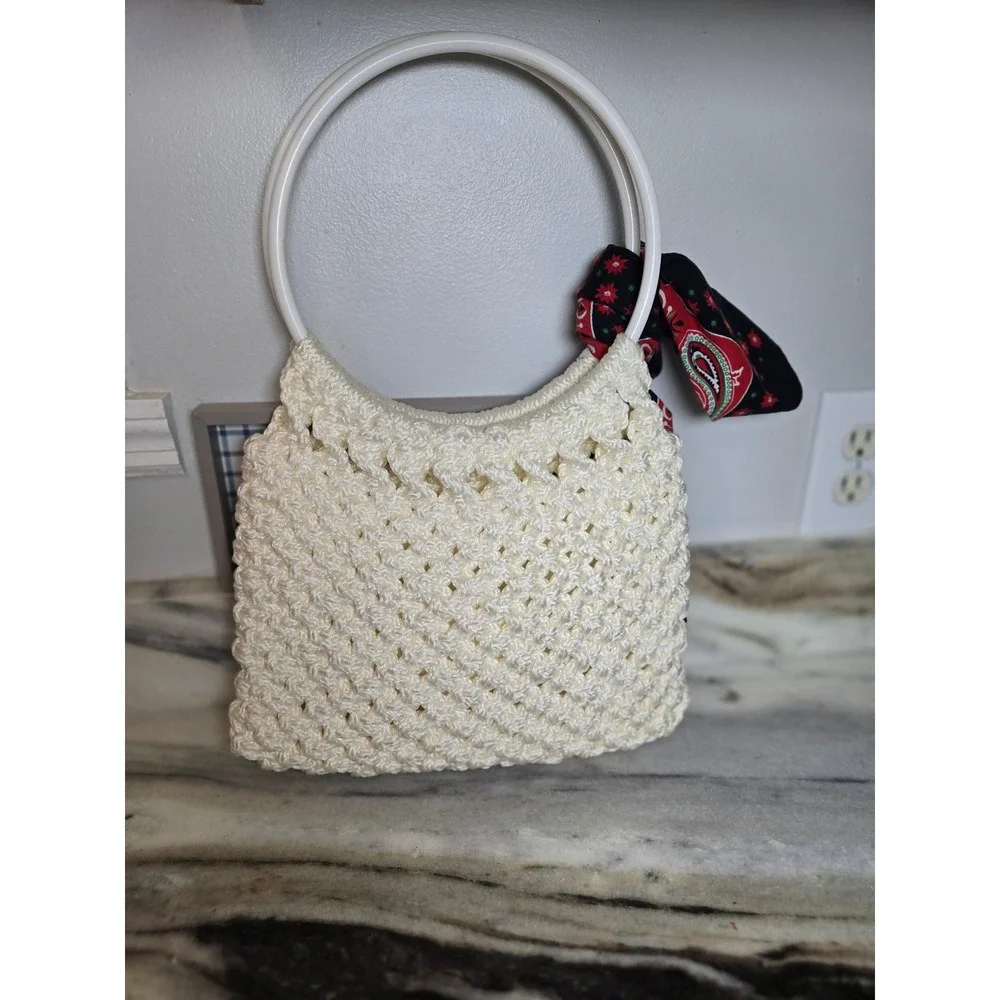 Vintage Style Cream Crochet Handbag White Ring Handle Boho Tote Cottagecore